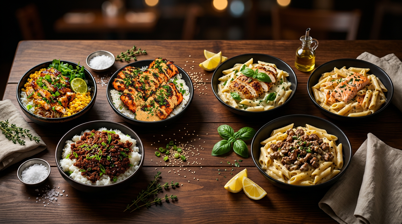 Mediterranean rice bowls and Alfredo pastas spread on a wooden table